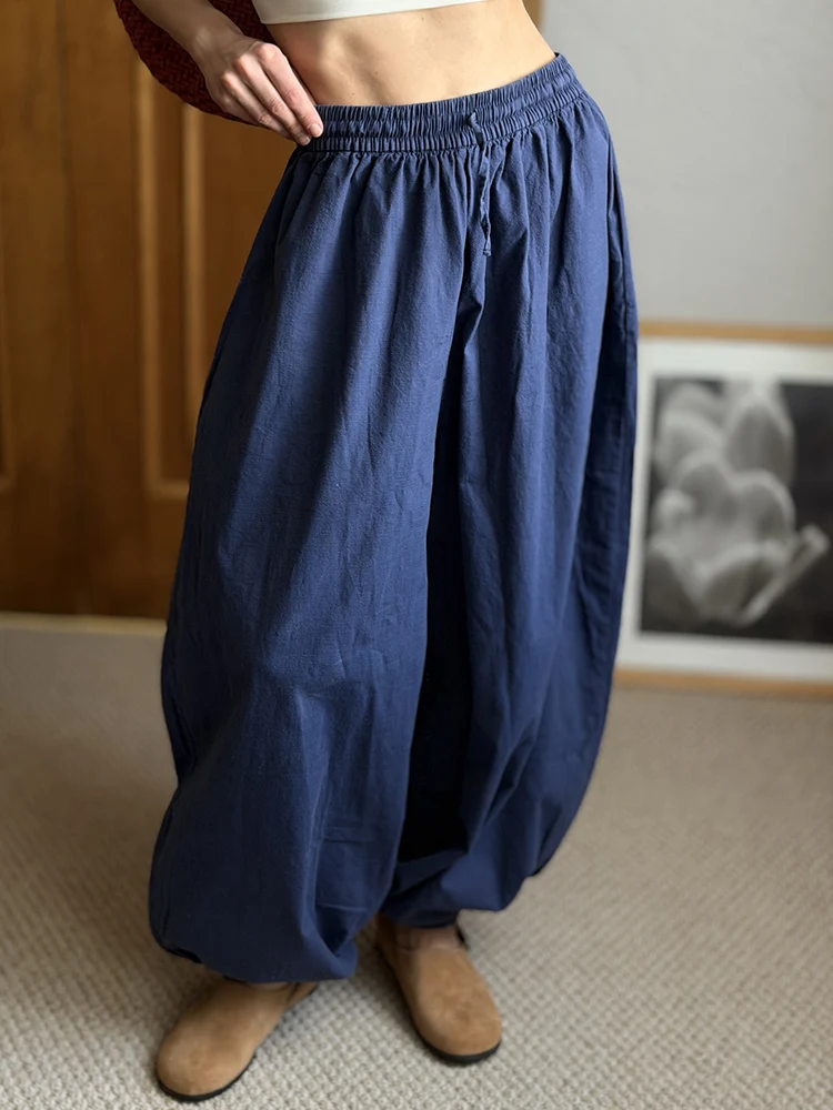 Wide Pants Summer Women Cotton Blue Aladdin Trousers Balloons Ladies Oversized Navy Blue Women Baggy Pants Elastic Waist Capri