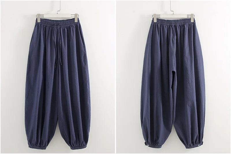 Wide Pants Summer Women Cotton Blue Aladdin Trousers Balloons Ladies Oversized Navy Blue Women Baggy Pants Elastic Waist Capri