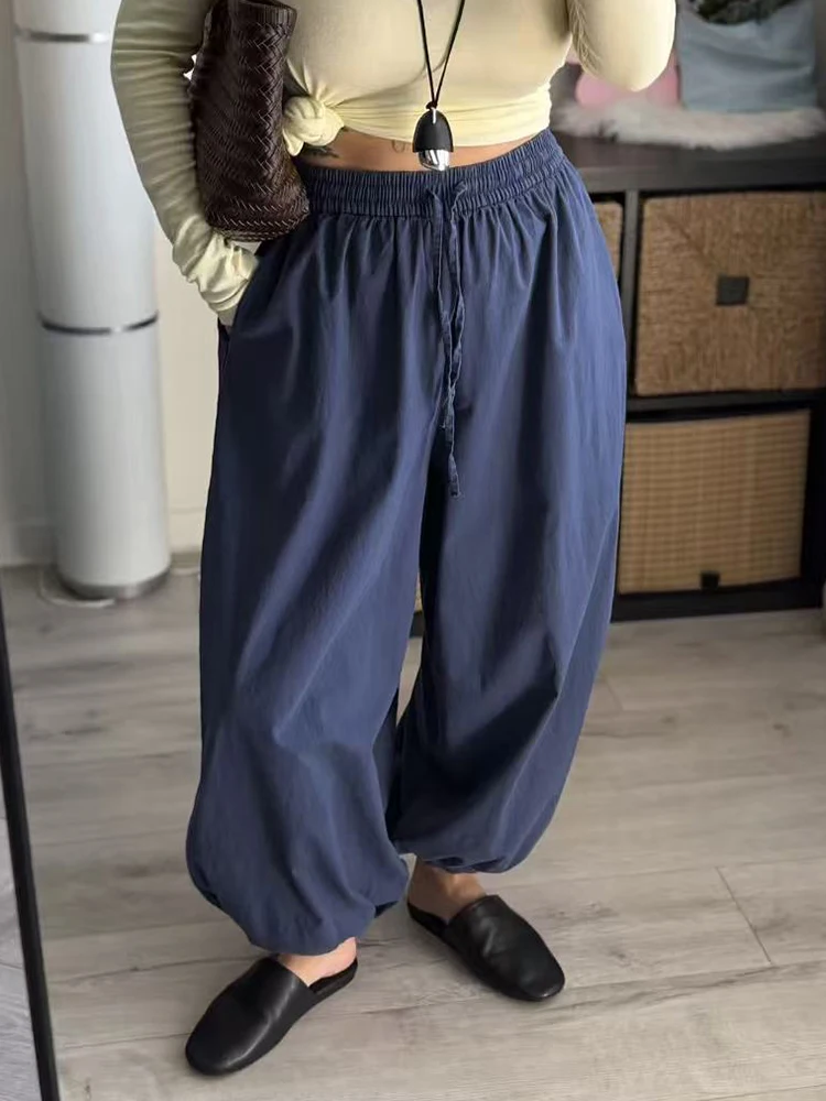 Wide Pants Summer Women Cotton Blue Aladdin Trousers Balloons Ladies Oversized Navy Blue Women Baggy Pants Elastic Waist Capri