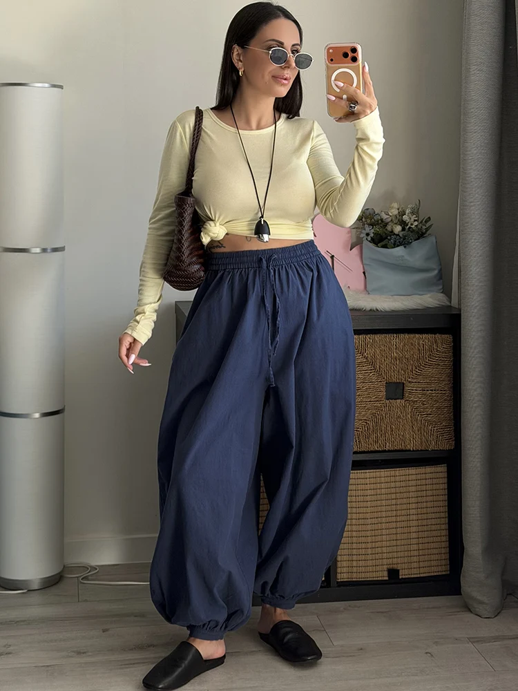 Wide Pants Summer Women Cotton Blue Aladdin Trousers Balloons Ladies Oversized Navy Blue Women Baggy Pants Elastic Waist Capri