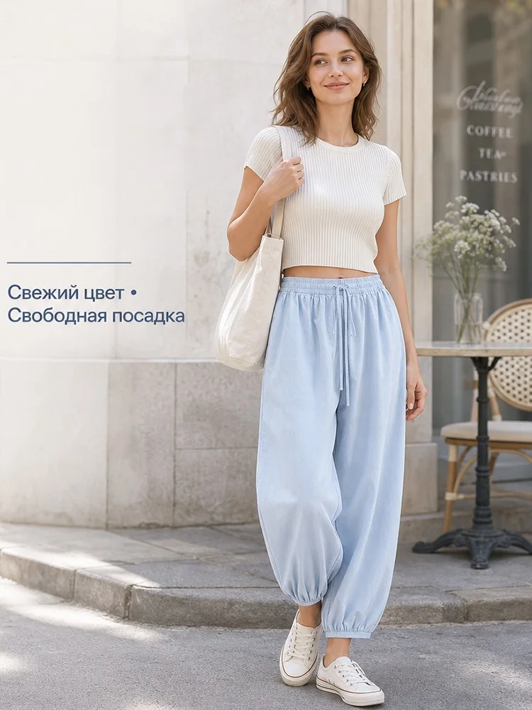 Wide Pants Summer Women Cotton Blue Aladdin Trousers Balloons Ladies Oversized Navy Blue Women Baggy Pants Elastic Waist Capri