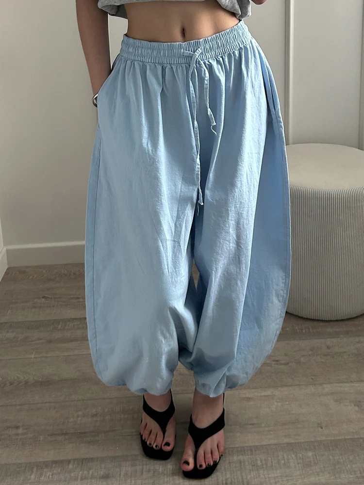 Wide Pants Summer Women Cotton Blue Aladdin Trousers Balloons Ladies Oversized Navy Blue Women Baggy Pants Elastic Waist Capri