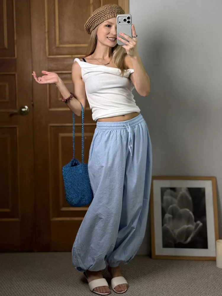 Wide Pants Summer Women Cotton Blue Aladdin Trousers Balloons Ladies Oversized Navy Blue Women Baggy Pants Elastic Waist Capri