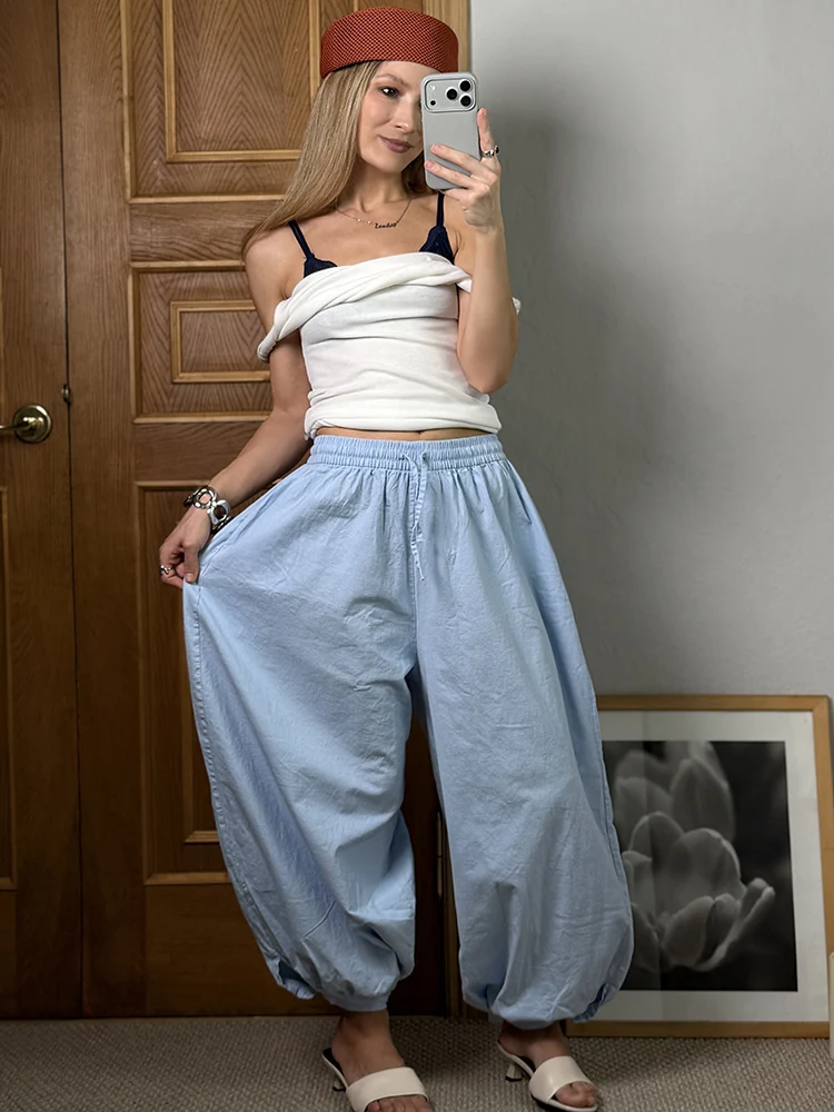 Wide Pants Summer Women Cotton Blue Aladdin Trousers Balloons Ladies Oversized Navy Blue Women Baggy Pants Elastic Waist Capri
