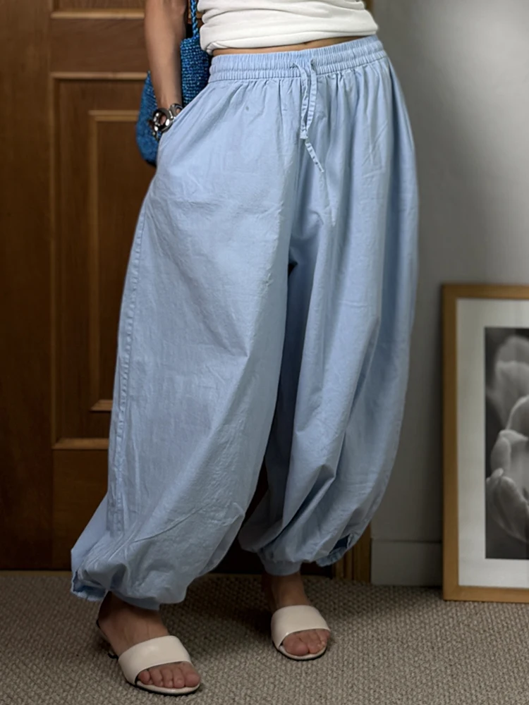 Wide Pants Summer Women Cotton Blue Aladdin Trousers Balloons Ladies Oversized Navy Blue Women Baggy Pants Elastic Waist Capri