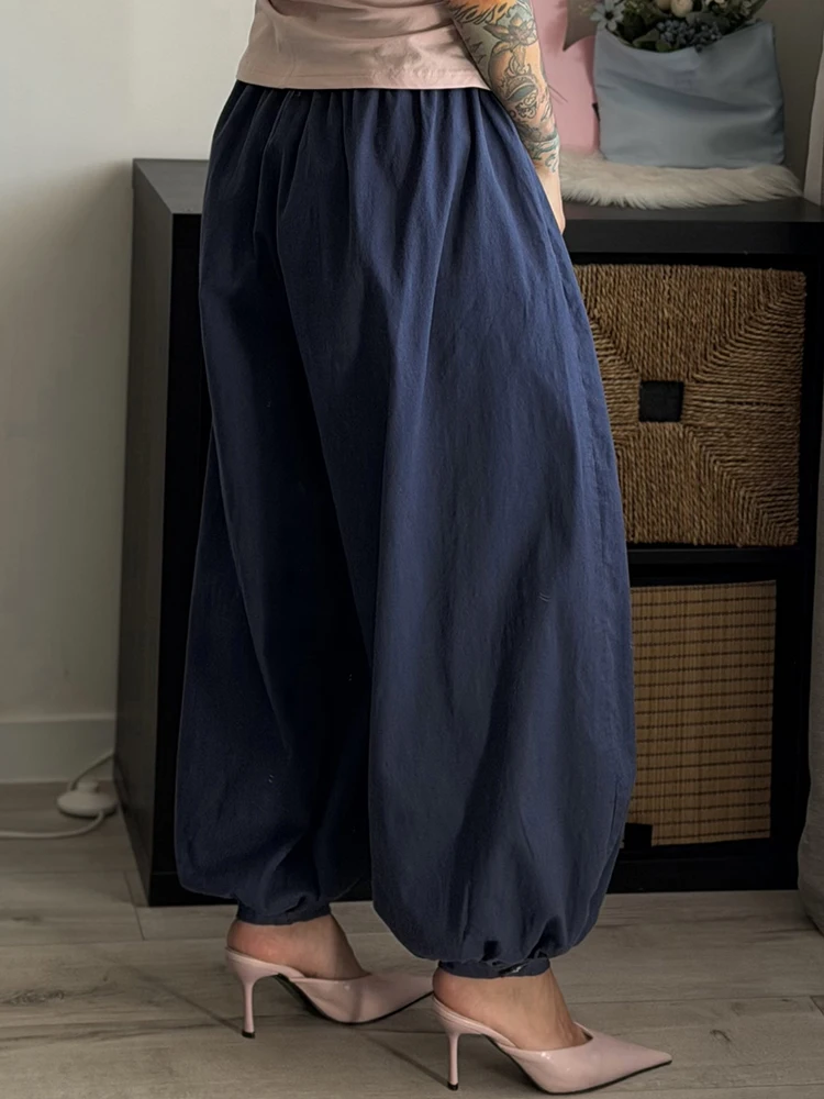 Wide Pants Summer Women Cotton Blue Aladdin Trousers Balloons Ladies Oversized Navy Blue Women Baggy Pants Elastic Waist Capri