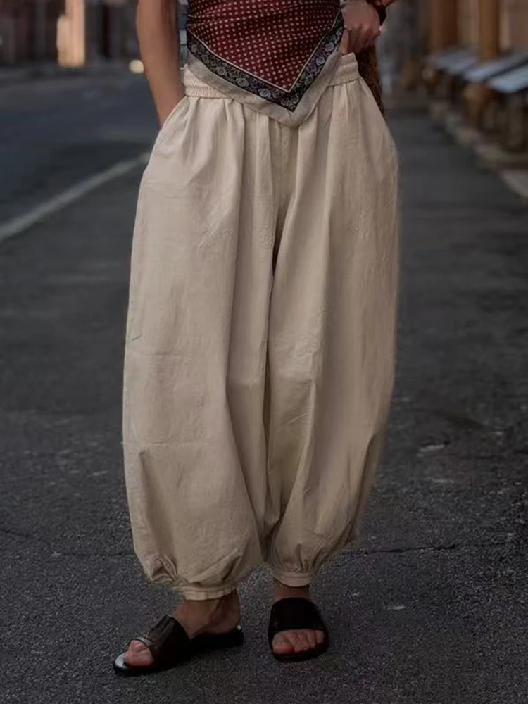Wide Pants Summer Women Cotton Blue Aladdin Trousers Balloons Ladies Oversized Navy Blue Women Baggy Pants Elastic Waist Capri