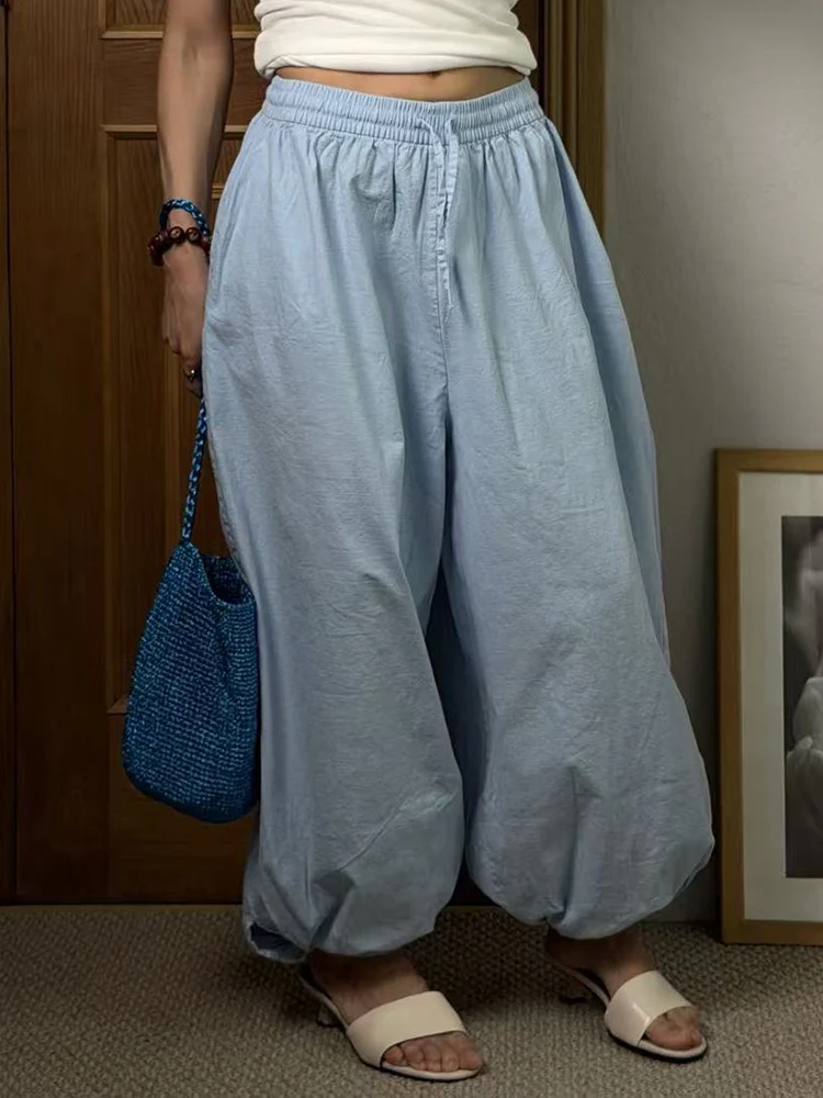 Wide Pants Summer Women Cotton Blue Aladdin Trousers Balloons Ladies Oversized Navy Blue Women Baggy Pants Elastic Waist Capri