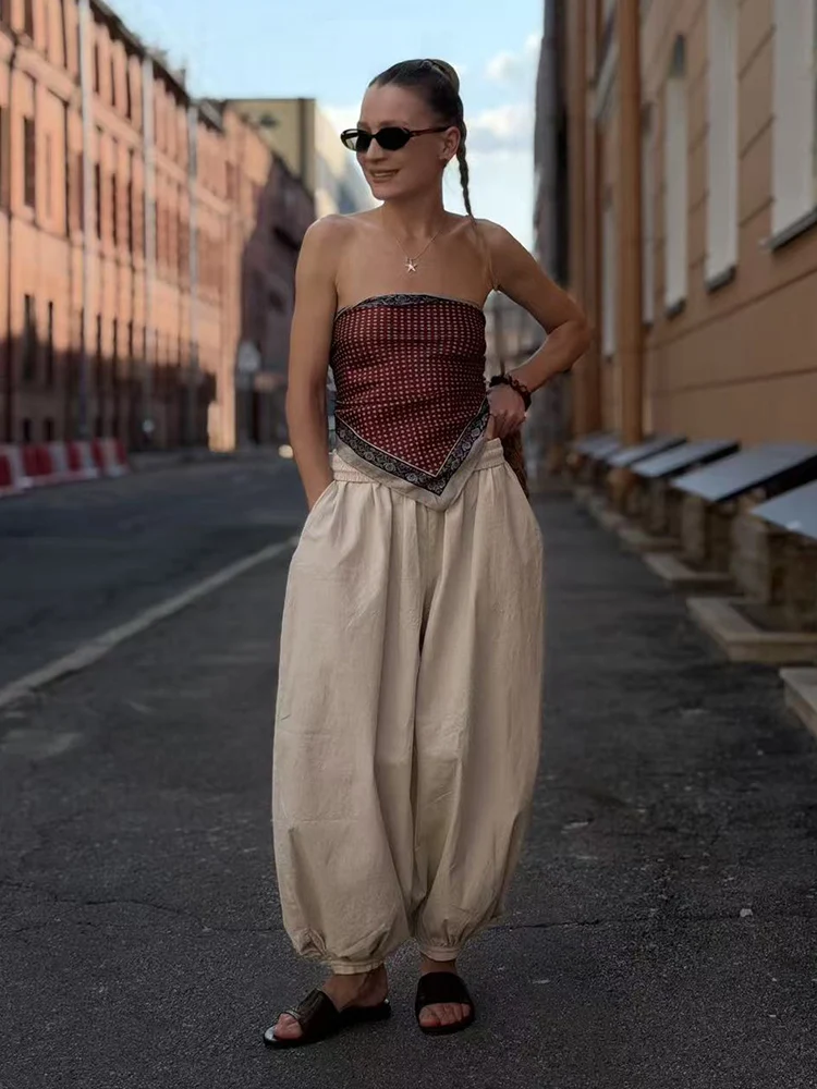 Wide Pants Summer Women Cotton Blue Aladdin Trousers Balloons Ladies Oversized Navy Blue Women Baggy Pants Elastic Waist Capri