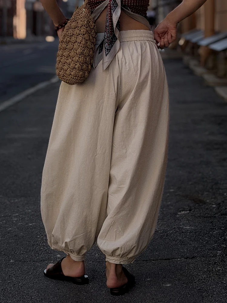 Wide Pants Summer Women Cotton Blue Aladdin Trousers Balloons Ladies Oversized Navy Blue Women Baggy Pants Elastic Waist Capri