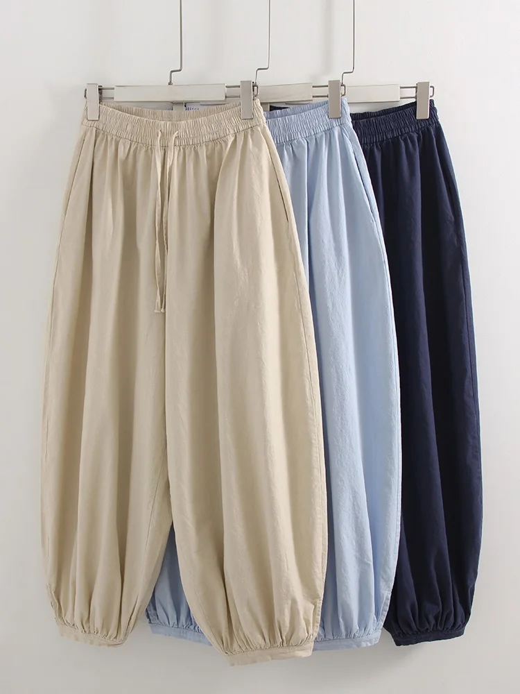 Wide Pants Summer Women Cotton Blue Aladdin Trousers Balloons Ladies Oversized Navy Blue Women Baggy Pants Elastic Waist Capri