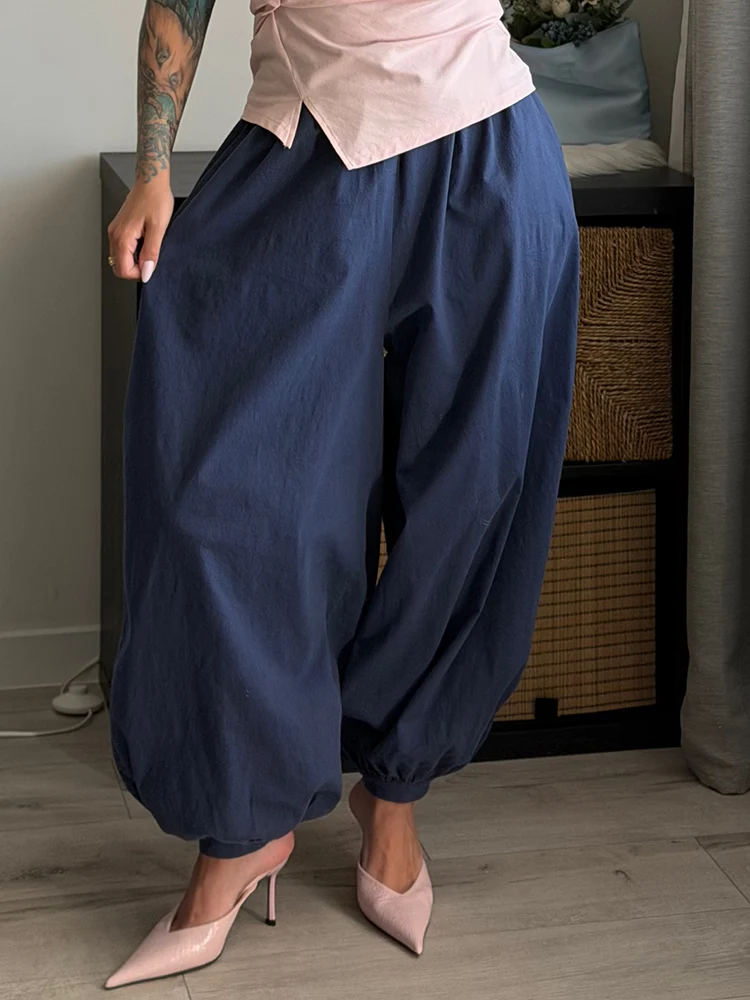 Wide Pants Summer Women Cotton Blue Aladdin Trousers Balloons Ladies Oversized Navy Blue Women Baggy Pants Elastic Waist Capri
