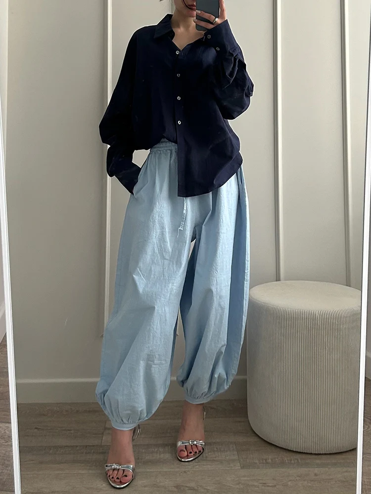 Wide Pants Summer Women Cotton Blue Aladdin Trousers Balloons Ladies Oversized Navy Blue Women Baggy Pants Elastic Waist Capri