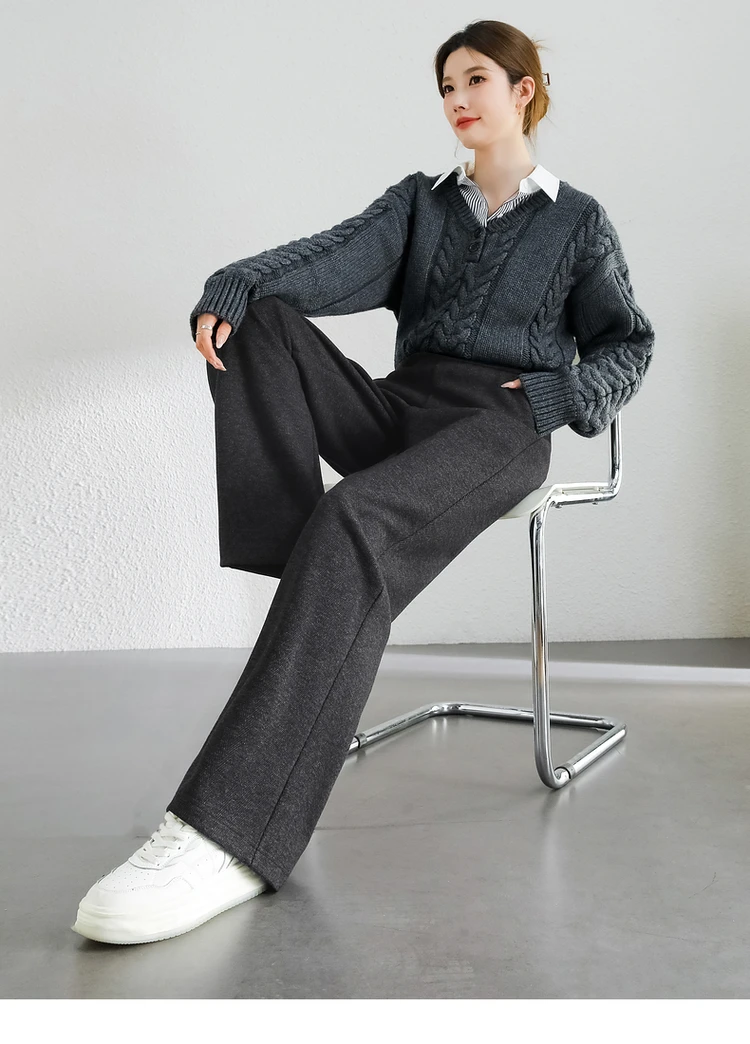 SENTUBILA Casual Straight Wool Pant Women Thick Warm High Waist Knitted Sweatpant Winter Trousers 2024 Woman Clothes 144K56338