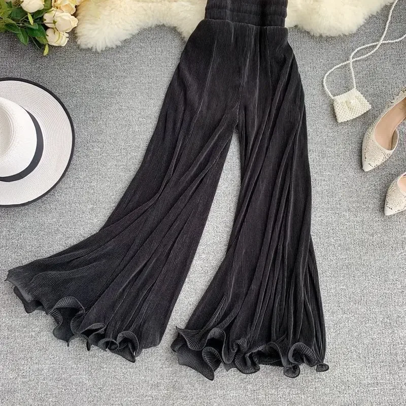 Fishtail Trousers Women Baggy Pants New Wide Leg Ruffled Flare Elastic Waist Pleated White Tulle Thin Spring Wild