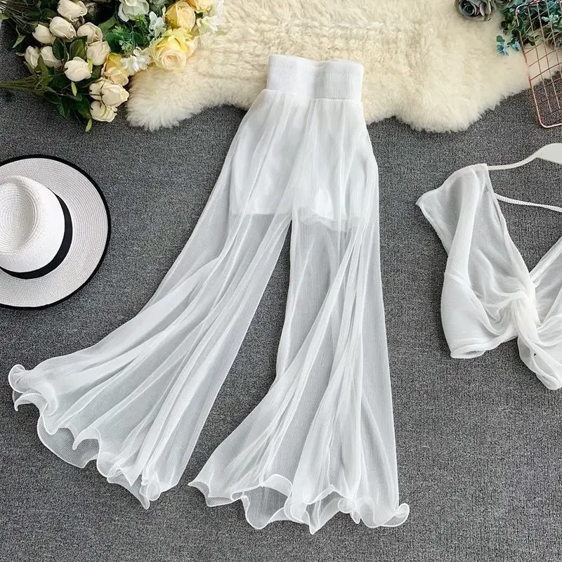 Fishtail Trousers Women Baggy Pants New Wide Leg Ruffled Flare Elastic Waist Pleated White Tulle Thin Spring Wild