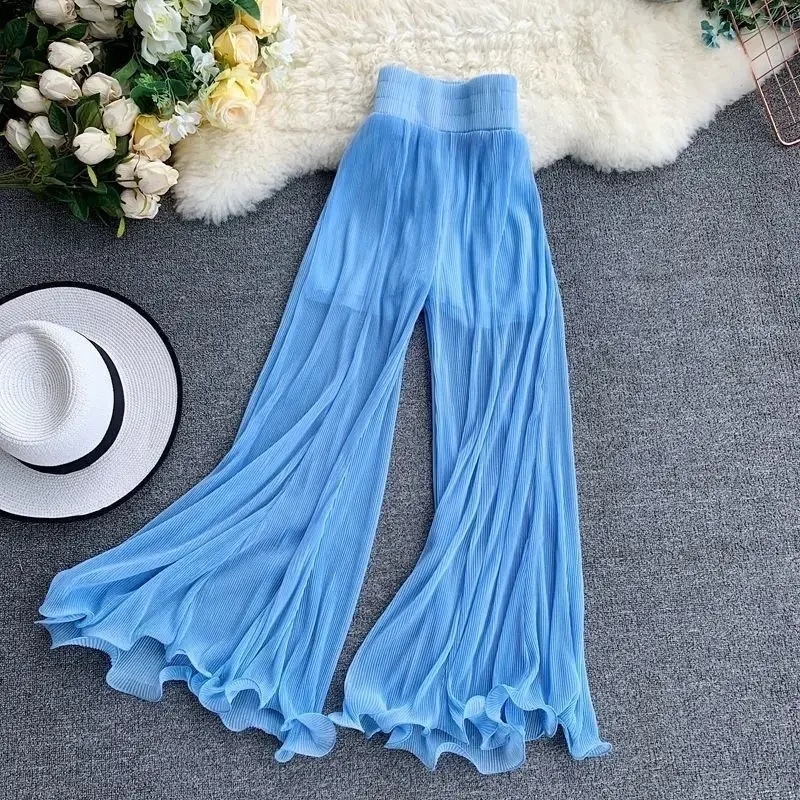 Fishtail Trousers Women Baggy Pants New Wide Leg Ruffled Flare Elastic Waist Pleated White Tulle Thin Spring Wild