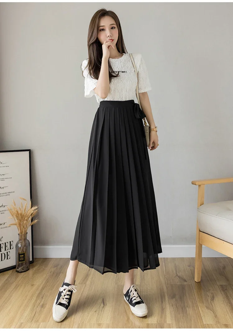 2024 Spring Summer New Style Korean Women Pleated Chiffon Trousers High Waist Pants Hakama Casual Wide Leg Pantalones