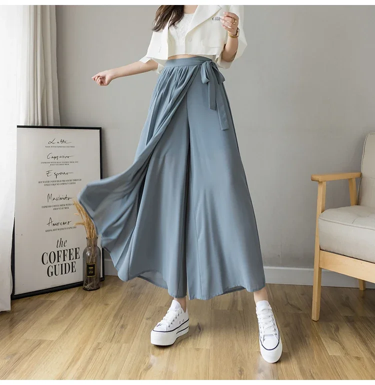 2024 Spring Summer New Style Korean Women Pleated Chiffon Trousers High Waist Pants Hakama Casual Wide Leg Pantalones