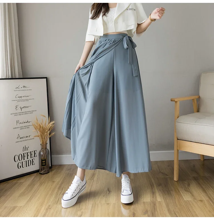 2024 Spring Summer New Style Korean Women Pleated Chiffon Trousers High Waist Pants Hakama Casual Wide Leg Pantalones
