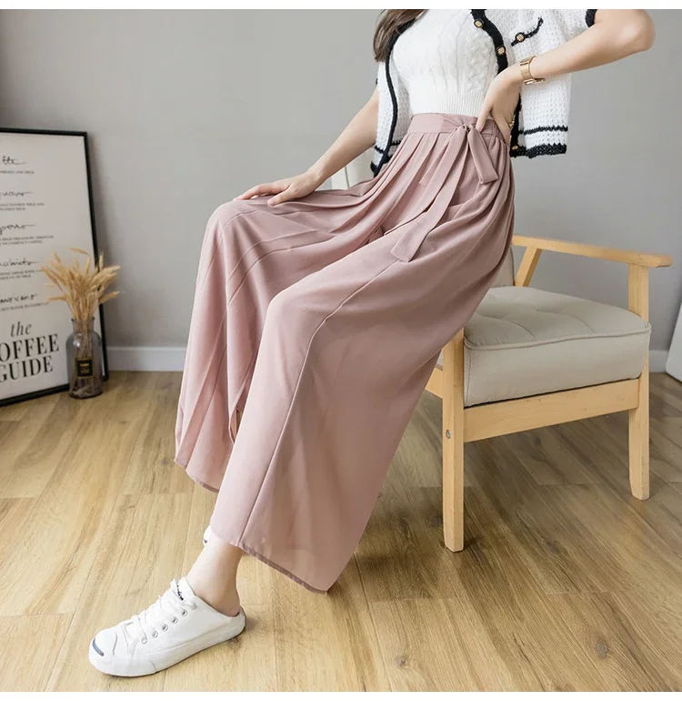 2024 Spring Summer New Style Korean Women Pleated Chiffon Trousers High Waist Pants Hakama Casual Wide Leg Pantalones