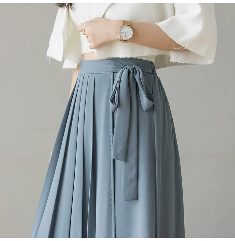 2024 Spring Summer New Style Korean Women Pleated Chiffon Trousers High Waist Pants Hakama Casual Wide Leg Pantalones