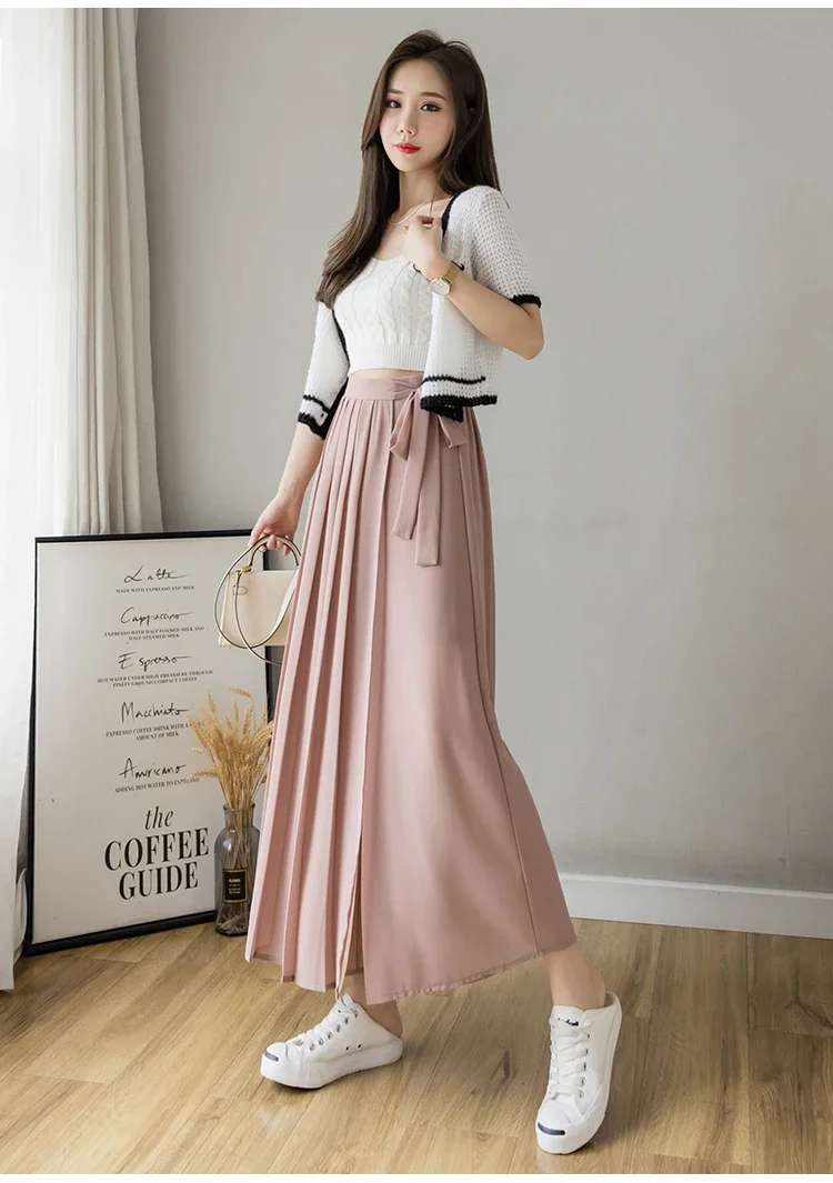 2024 Spring Summer New Style Korean Women Pleated Chiffon Trousers High Waist Pants Hakama Casual Wide Leg Pantalones
