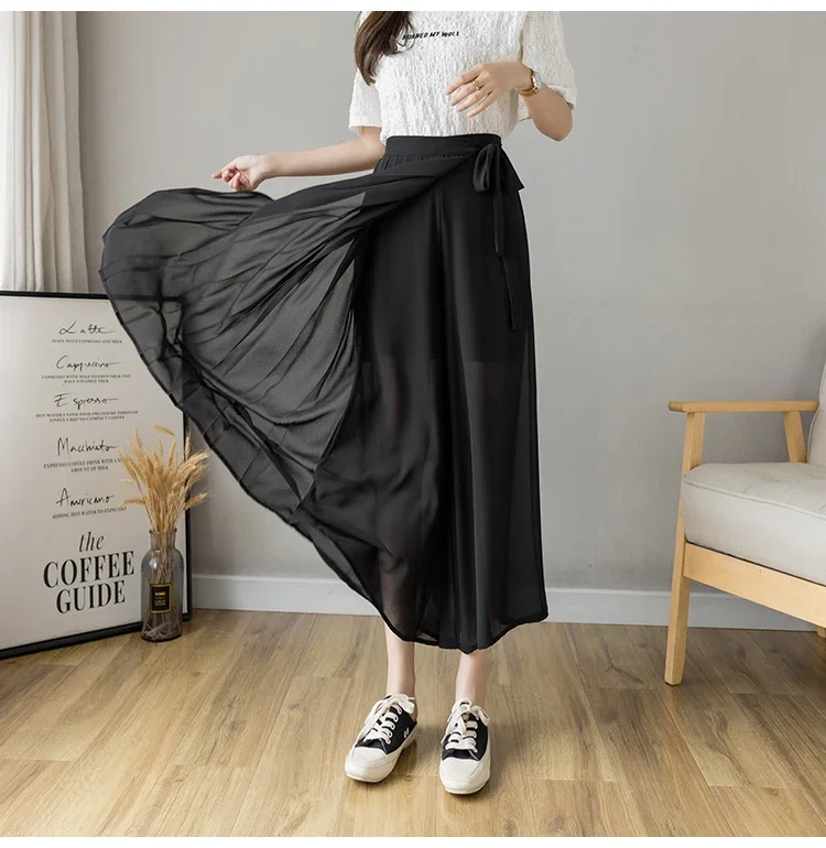 2024 Spring Summer New Style Korean Women Pleated Chiffon Trousers High Waist Pants Hakama Casual Wide Leg Pantalones