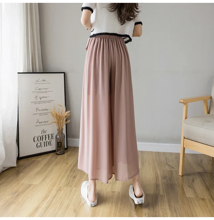 2024 Spring Summer New Style Korean Women Pleated Chiffon Trousers High Waist Pants Hakama Casual Wide Leg Pantalones