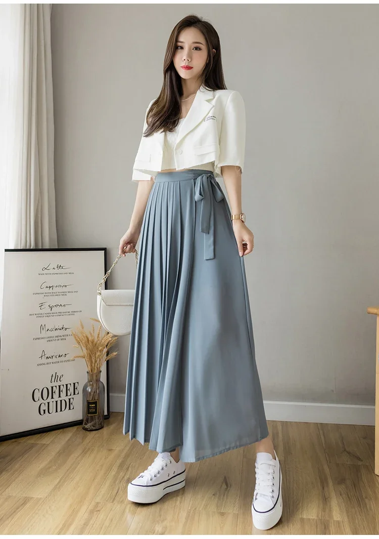 2024 Spring Summer New Style Korean Women Pleated Chiffon Trousers High Waist Pants Hakama Casual Wide Leg Pantalones