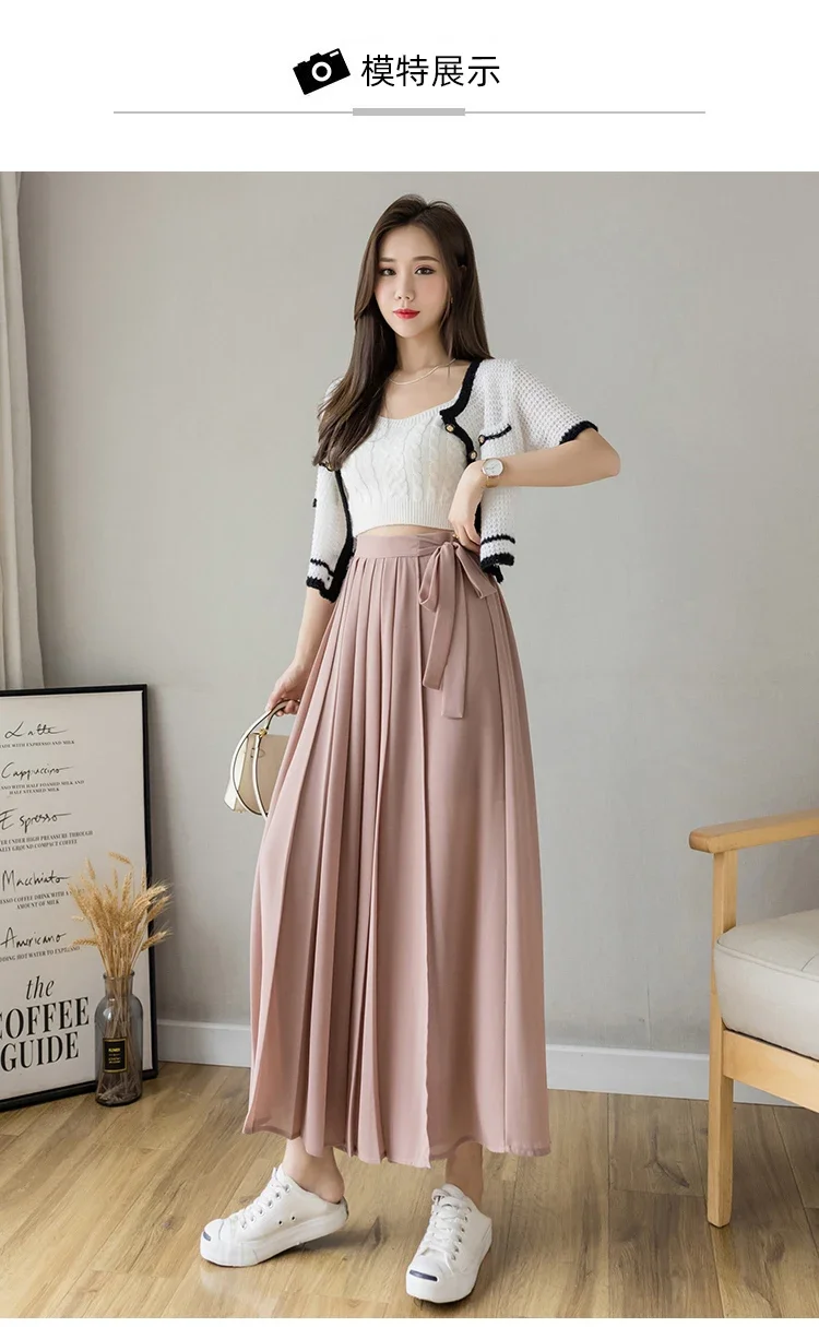 2024 Spring Summer New Style Korean Women Pleated Chiffon Trousers High Waist Pants Hakama Casual Wide Leg Pantalones