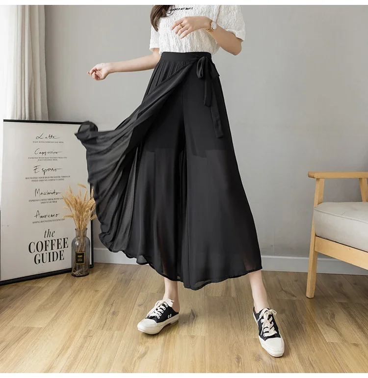 2024 Spring Summer New Style Korean Women Pleated Chiffon Trousers High Waist Pants Hakama Casual Wide Leg Pantalones