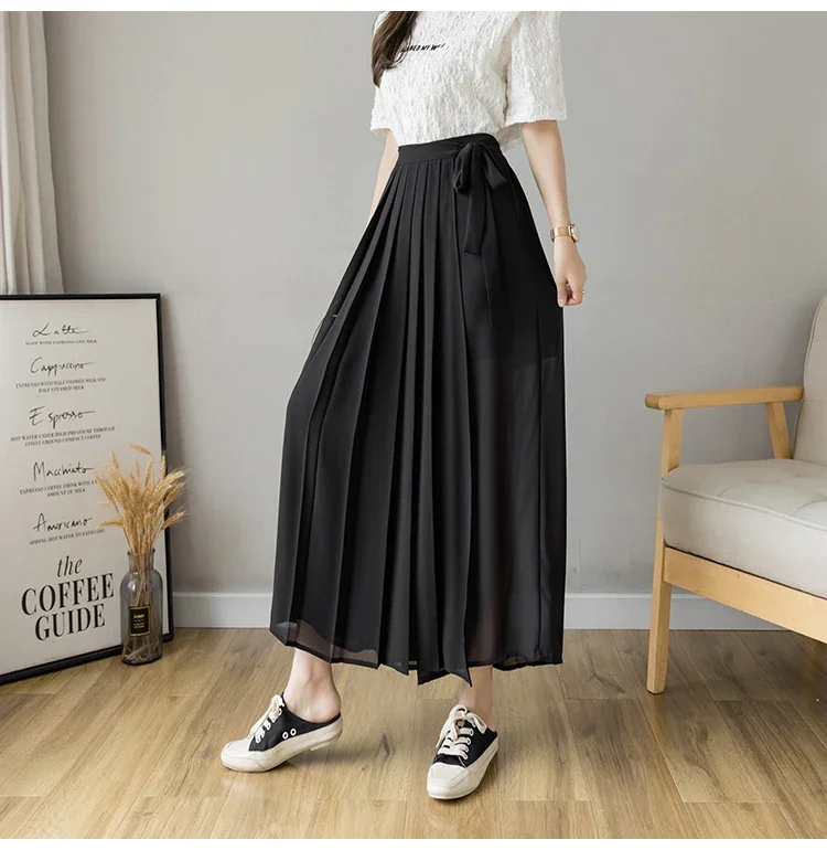 2024 Spring Summer New Style Korean Women Pleated Chiffon Trousers High Waist Pants Hakama Casual Wide Leg Pantalones