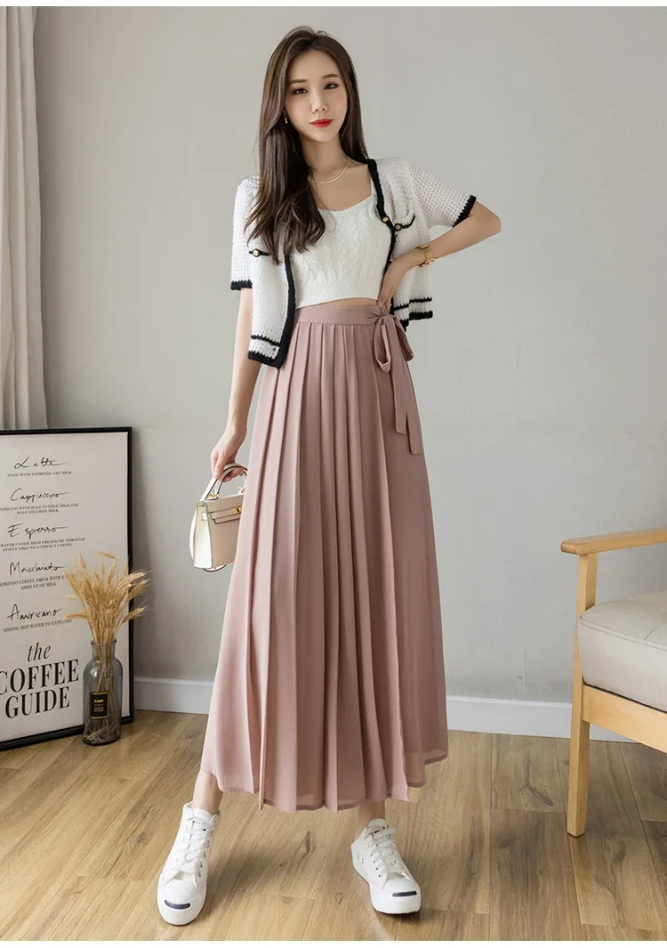 2024 Spring Summer New Style Korean Women Pleated Chiffon Trousers High Waist Pants Hakama Casual Wide Leg Pantalones