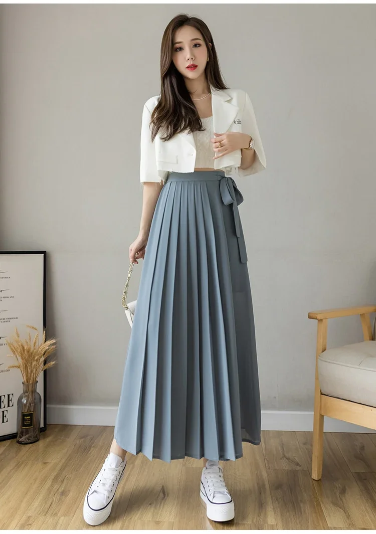 2024 Spring Summer New Style Korean Women Pleated Chiffon Trousers High Waist Pants Hakama Casual Wide Leg Pantalones