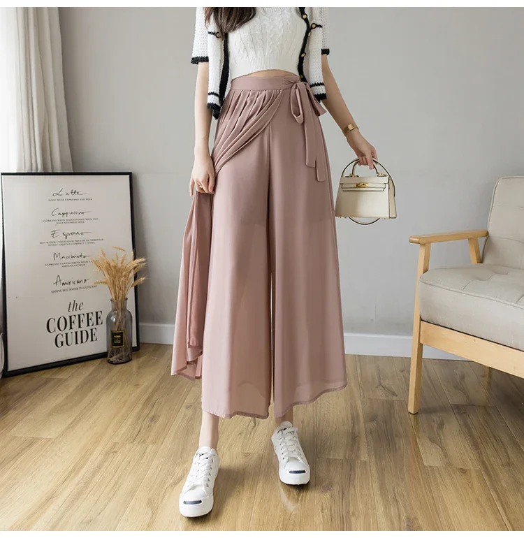 2024 Spring Summer New Style Korean Women Pleated Chiffon Trousers High Waist Pants Hakama Casual Wide Leg Pantalones