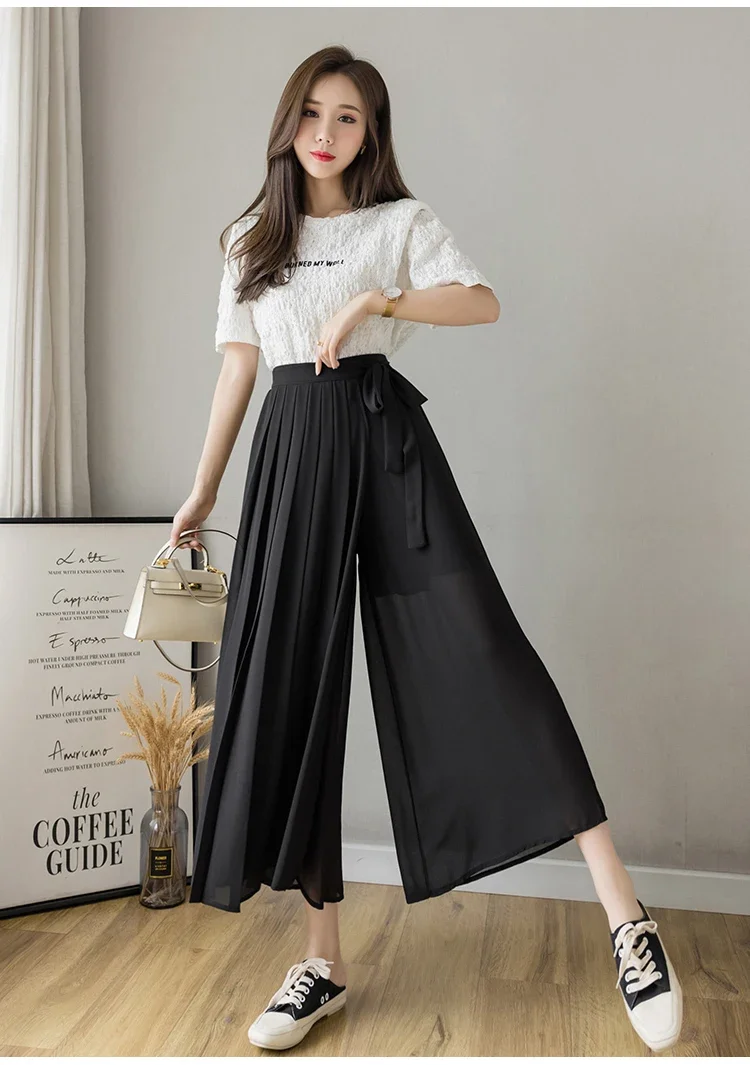2024 Spring Summer New Style Korean Women Pleated Chiffon Trousers High Waist Pants Hakama Casual Wide Leg Pantalones