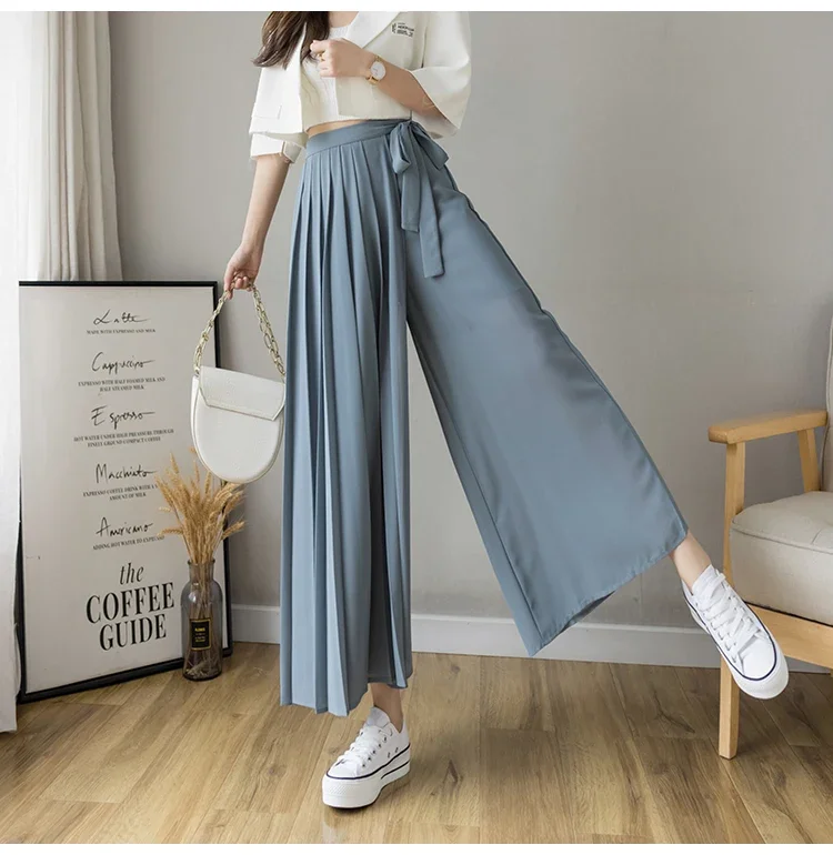 2024 Spring Summer New Style Korean Women Pleated Chiffon Trousers High Waist Pants Hakama Casual Wide Leg Pantalones