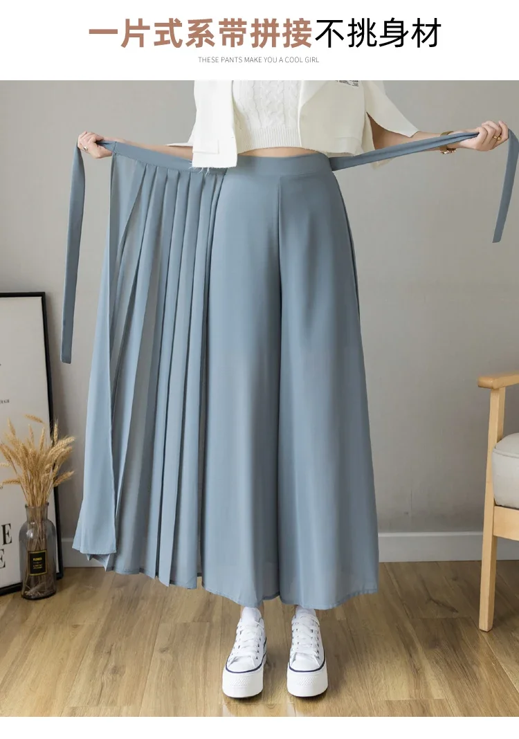 2024 Spring Summer New Style Korean Women Pleated Chiffon Trousers High Waist Pants Hakama Casual Wide Leg Pantalones