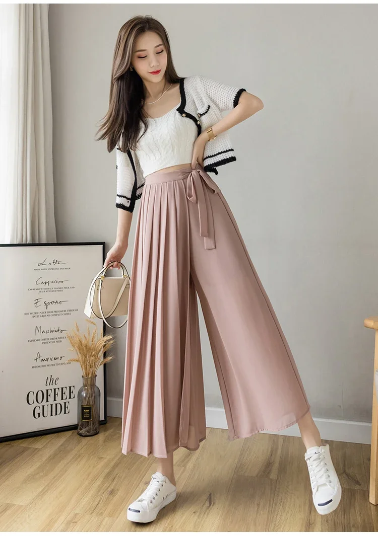 2024 Spring Summer New Style Korean Women Pleated Chiffon Trousers High Waist Pants Hakama Casual Wide Leg Pantalones