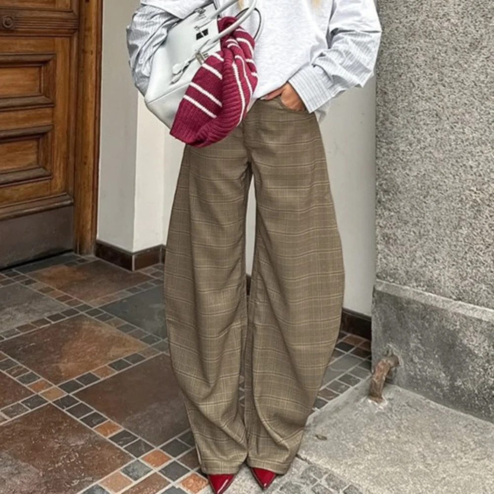 TWOTWINSTYLE American Retro Plaid Trousers for Women High Waist Spliced Pockets Casual Oversized Lantern Wide Leg Pants Female