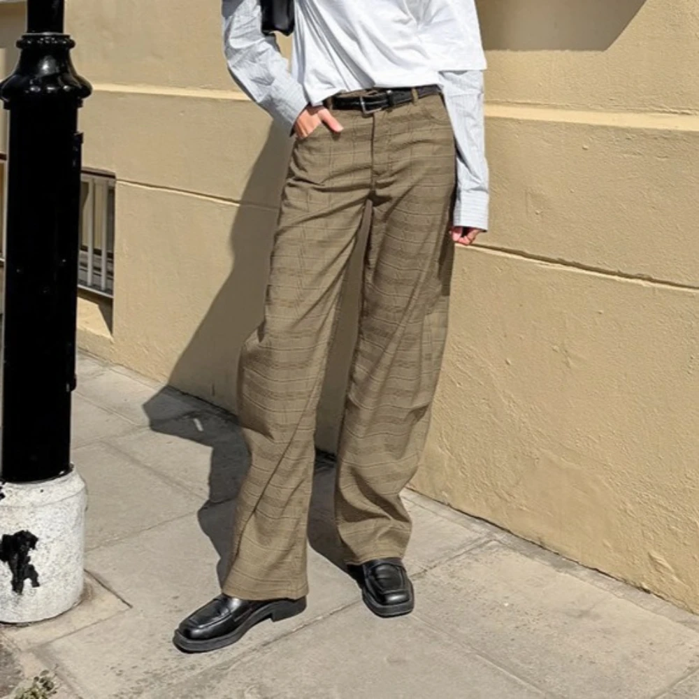 TWOTWINSTYLE American Retro Plaid Trousers for Women High Waist Spliced Pockets Casual Oversized Lantern Wide Leg Pants Female