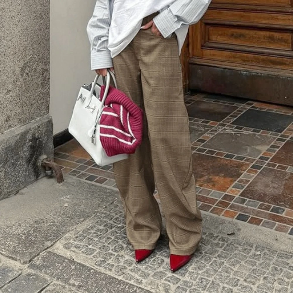 TWOTWINSTYLE American Retro Plaid Trousers for Women High Waist Spliced Pockets Casual Oversized Lantern Wide Leg Pants Female