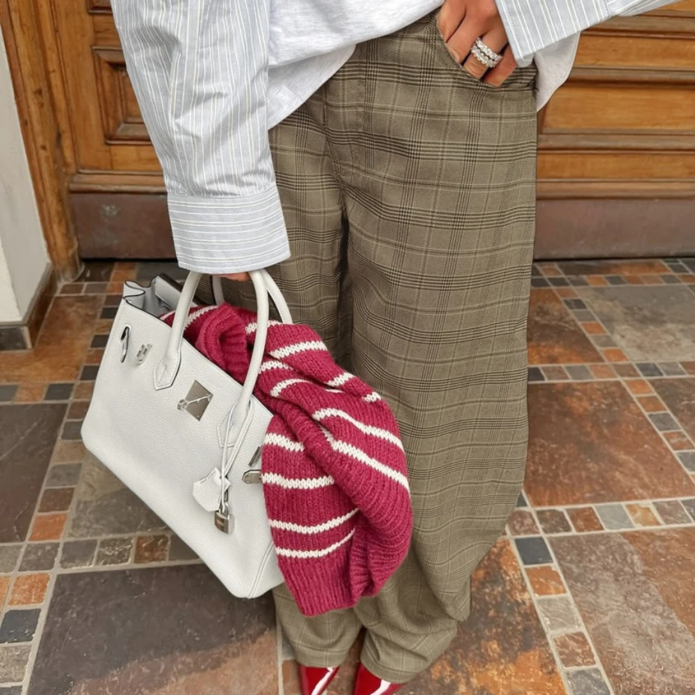 TWOTWINSTYLE American Retro Plaid Trousers for Women High Waist Spliced Pockets Casual Oversized Lantern Wide Leg Pants Female