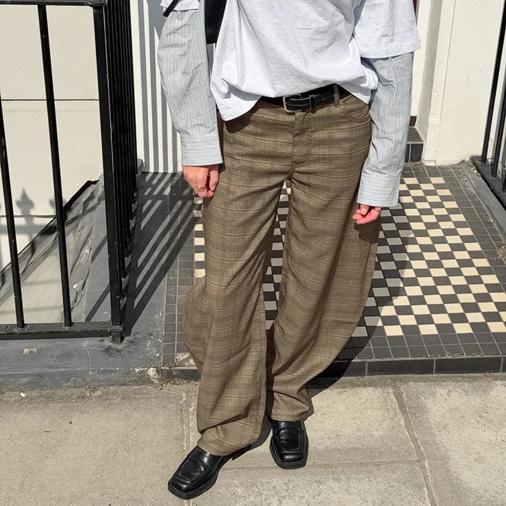 TWOTWINSTYLE American Retro Plaid Trousers for Women High Waist Spliced Pockets Casual Oversized Lantern Wide Leg Pants Female