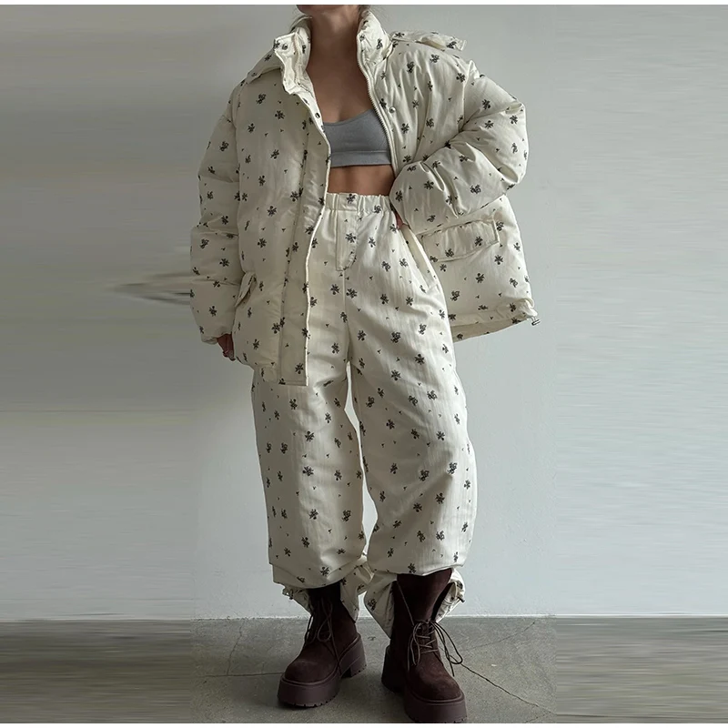 Women Vertical Stripe Puffer 2 Piece Set Hooded Zip‑Up Padded Jacket Elastic Waist Long Pants 2026 Winter Warm Cotton Streetwear
