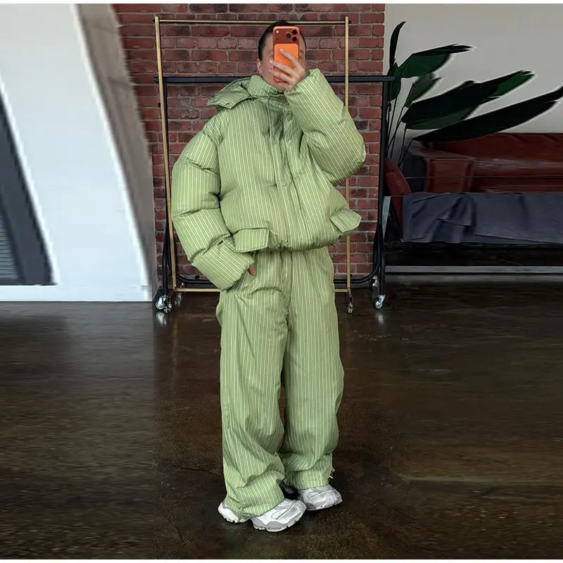 Women Vertical Stripe Puffer 2 Piece Set Hooded Zip‑Up Padded Jacket Elastic Waist Long Pants 2026 Winter Warm Cotton Streetwear