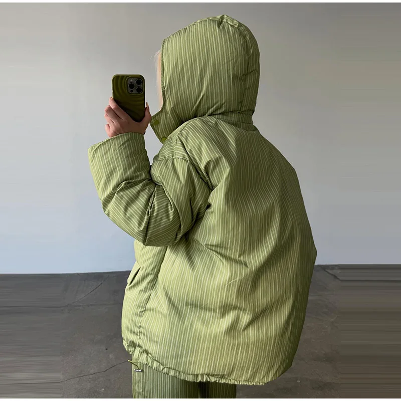 Women Vertical Stripe Puffer 2 Piece Set Hooded Zip‑Up Padded Jacket Elastic Waist Long Pants 2026 Winter Warm Cotton Streetwear