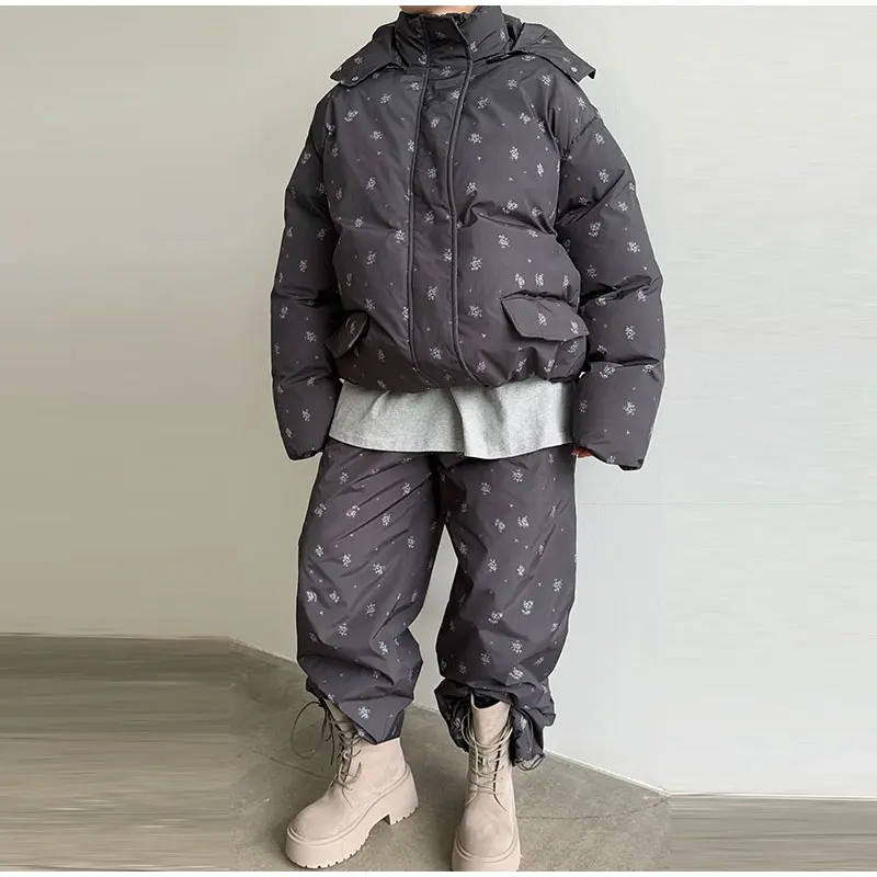 Women Vertical Stripe Puffer 2 Piece Set Hooded Zip‑Up Padded Jacket Elastic Waist Long Pants 2026 Winter Warm Cotton Streetwear