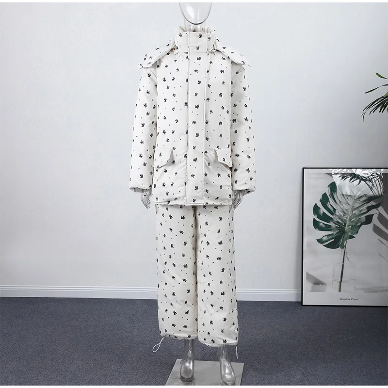 Women Vertical Stripe Puffer 2 Piece Set Hooded Zip‑Up Padded Jacket Elastic Waist Long Pants 2026 Winter Warm Cotton Streetwear